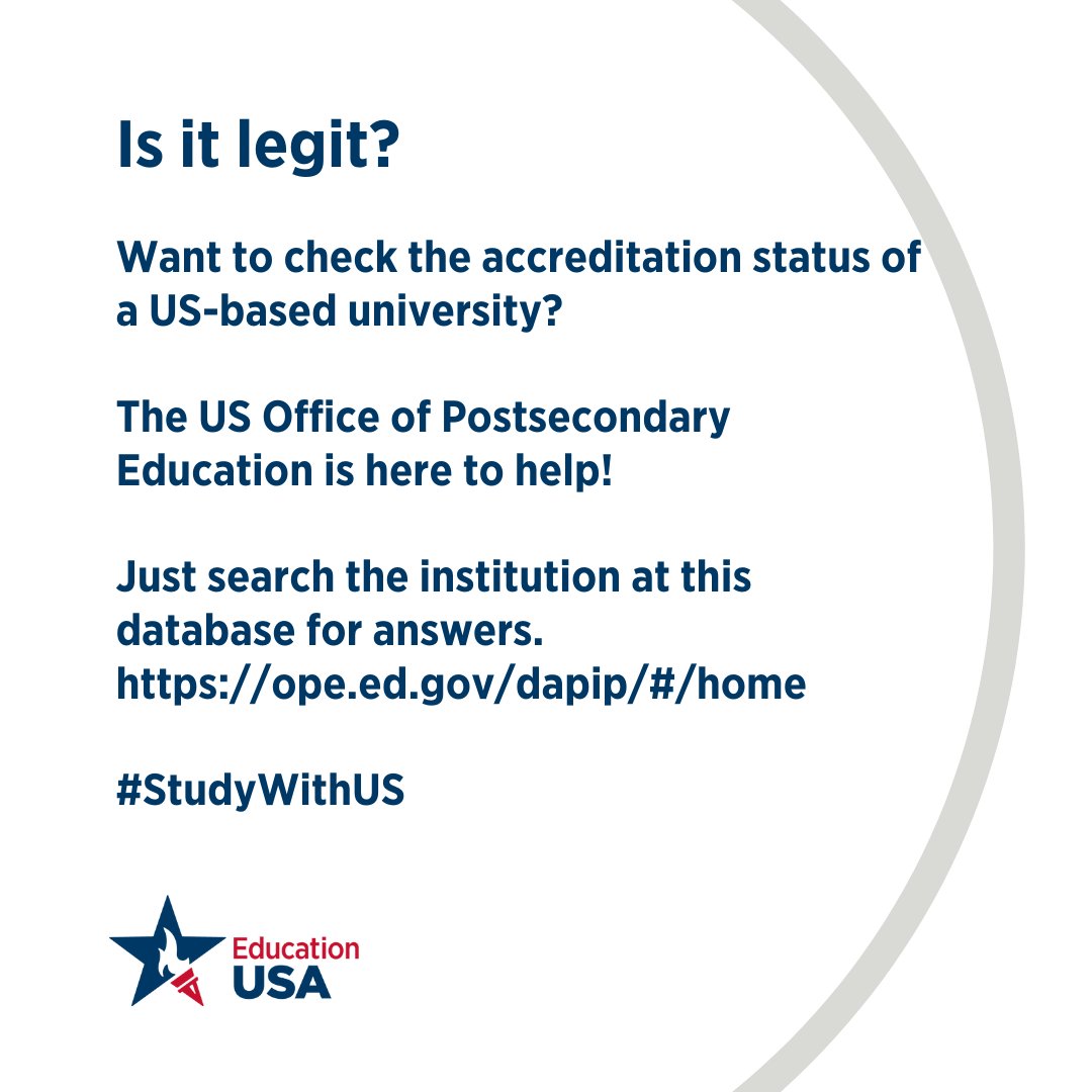 USEmbassyBW's tweet image. 📚Do you want to check the accreditation status of a U.S.-based university? The U.S. Office of Postsecondary Education makes it easy. Use their online database to quickly check the accreditation status of any U.S.-based college or university. #StudyWithUS 

▶️…