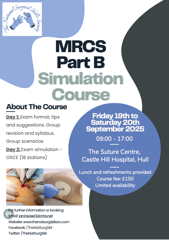 📣 MRCS Part B Simulation Course – Sept 2025
Join us for a 2-day intensive prep course including exam tips, group scenarios &amp; a full 18-station OSCE simulation.
🗓️ 19–20 Sept 2025
📍 Hull
💷 £150 (incl. lunch &amp; refreshments)
📩 janine.lee13@nhs.net

#MRCS #SurgicalTraining