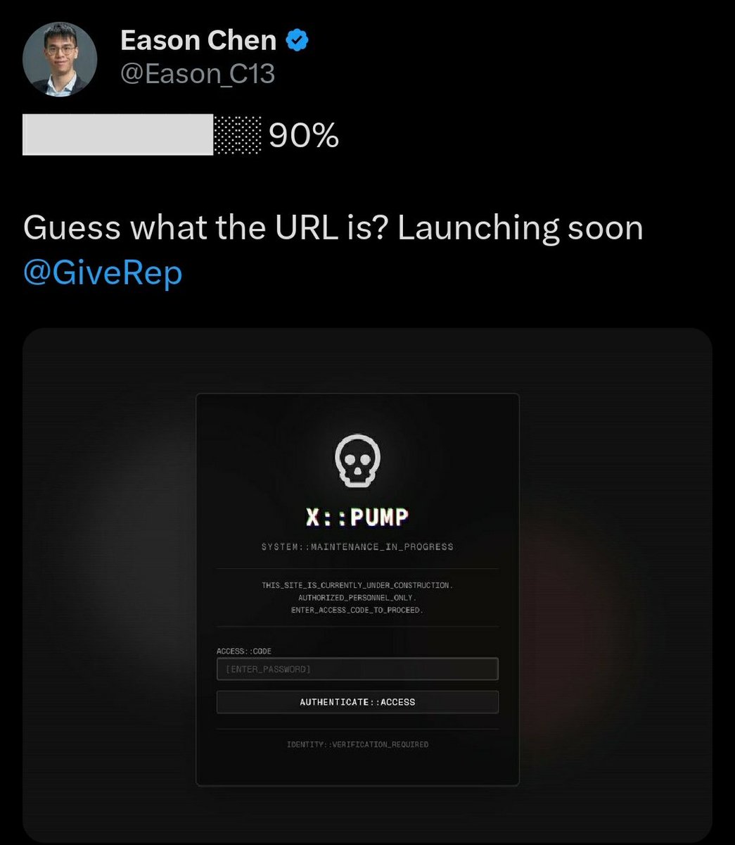 isshivinn's tweet photo. 🔒 90% complete...!
Something mysterious is brewing.

Can you crack the code and guess the URL?

X::PUMP is almost ready to launch.
Only the worthy shall enter.

⏳ Stay tuned.
👀 @GiveRep

#XPump #Web3 #AccessGranted #UnderConstruction https://t.co/WEIeUnV9QJ