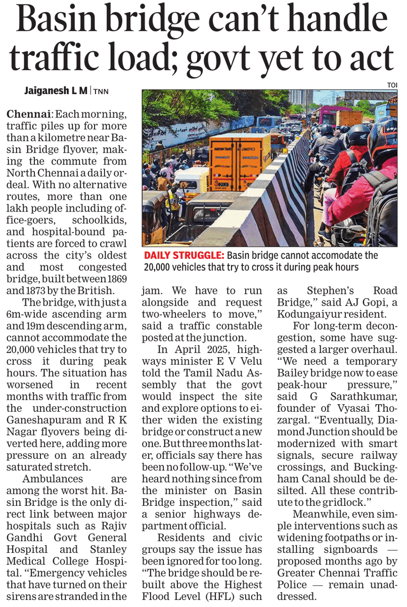 jai_lm's tweet image. "The Basin Bridge bottleneck in North Chennai is a daily nightmare, eating up time, economy, and health. People lose hours stuck in traffic on this old bridge. It's time to reconstruct it with a modern design to ease the burden on regular commuters! #ChennaiTraffic #BasinBridge"