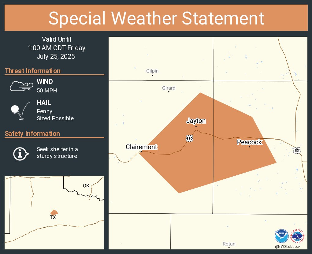 NWSLubbock's tweet image. A special weather statement has been issued for Jayton TX, Clairemont TX and Peacock TX until 1:00 AM CDT