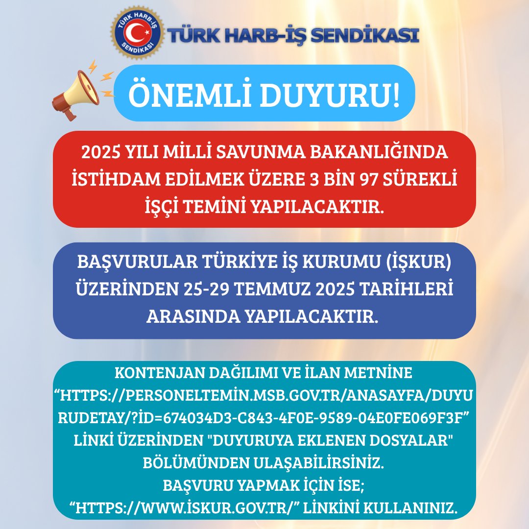 📌 ÖNEMLİ DUYURU!

2025 Yılı Milli Savunma Bakanlığında istihdam edilmek üzere 3 bin 97 sürekli işçi temini yapılacaktır. Başvurular Türkiye İş Kurumu (İŞKUR) üzerinden 25-29 Temmuz 2025 tarihleri arasında yapılacaktır.

Kontenjan dağılımı ve ilan metnine