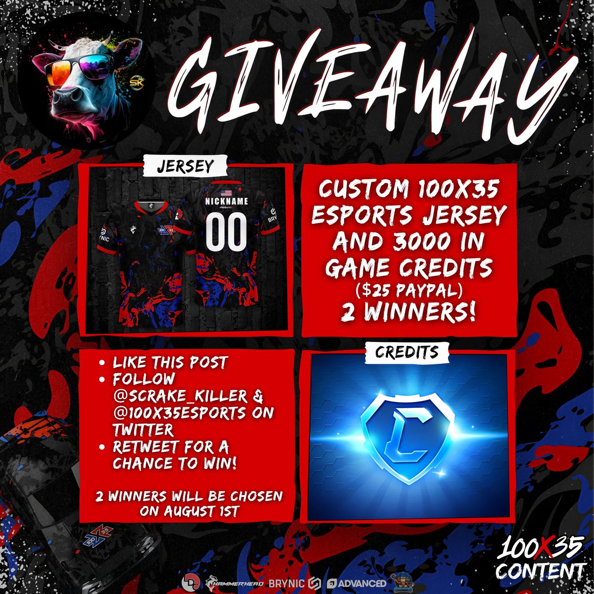 Scrake_Killer (@scrake_killer) on Twitter photo 100X35 Esports Custom Jersey/RL Credits Giveaway
1st Prize: Custom 100x35 Jersey
2nd Prize: 3000 Rocket League Credits ($25 USD PayPal)
✅Follow me and <a href="/100X35Esports/">100X35 Esports</a>
❤️Like
♻️Retweet
🎉Winners will be 100X35 Esports Custom Jersey/RL Credits Giveaway
1st Prize: Custom 100x35 Jersey
2nd Prize: 3000 Rocket League Credits ($25 USD PayPal)
✅Follow me and <a href="/100X35Esports/">100X35 Esports</a>
❤️Like
♻️Retweet
🎉Winners will be