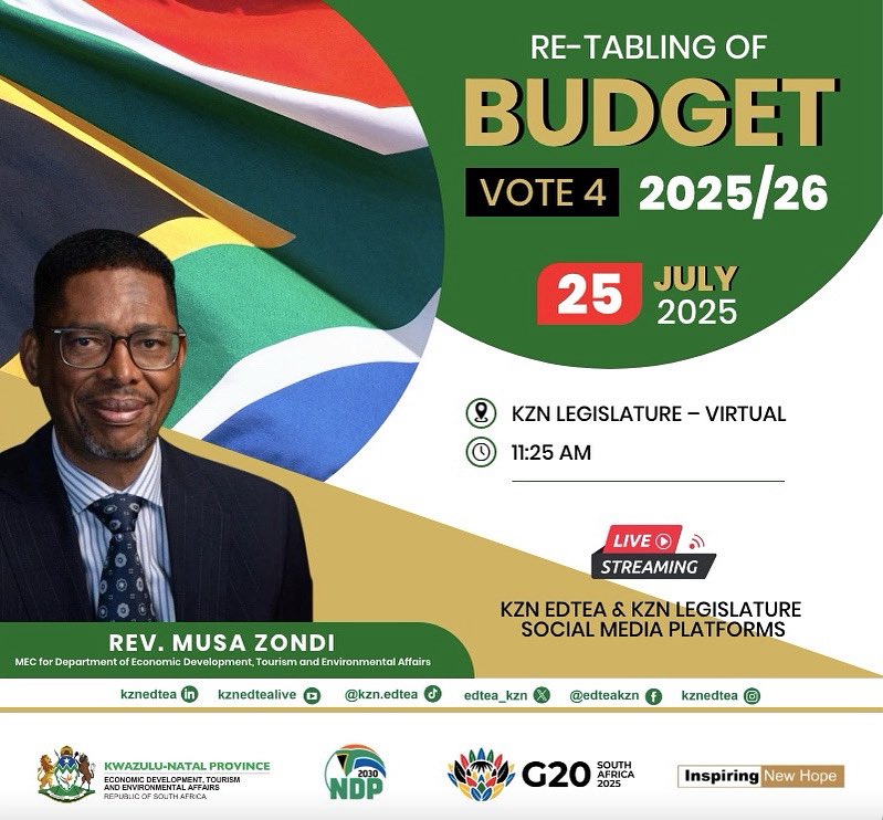 🚨📢UKWETHULWA KABUSHA KWENKULUMO YESABELOMALI🔔

UNgqongqoshe wezokuThuthukiswa koMnotho, ezokuVakasha kanye nokoNgiwa kweMvelo  KwaZulu Natali, uMfu. Musa Zondi, uzokwethula kabusha iSabelomali sika-2025/2026.

#BudgetVote4 #KZNEDTEA #KZNLegislature