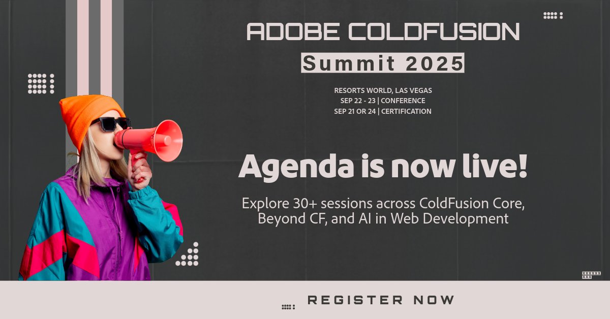 The Adobe #ColdFusion Summit 2025 agenda is out!
30+ sessions on CFML, web dev, and AI.

Explore now:  cfsummit.adobeevents.com/agenda/

From async to GenAI to CI/CD, it's all there.
Register now and get a CF 2025 license to try it all out.

#WebDevelopment #developer #conference