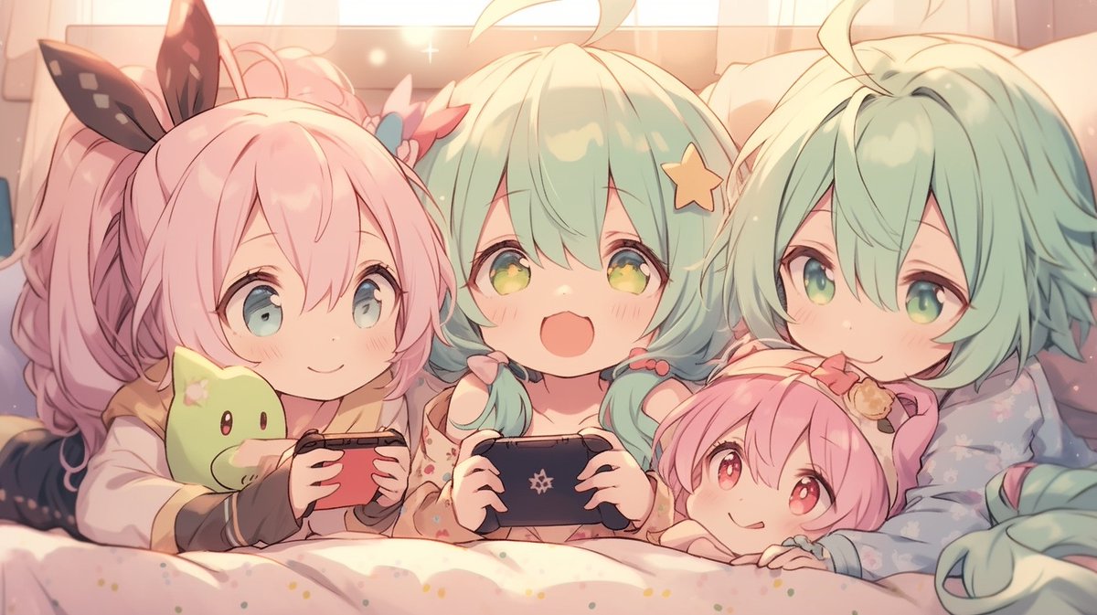 takuma0083's tweet image. 栞：しゃぁお💚そんところにバナナの皮やめてぇ
莎緒：おねえちゃん🩷楽しいね
綾：はぁちゃん💚次一緒にやるにゃん💚
四葉：にゅい🩷あやにゃにゃとマリカするぅ🩷
🍀🍑４姉妹物語☘️🌸