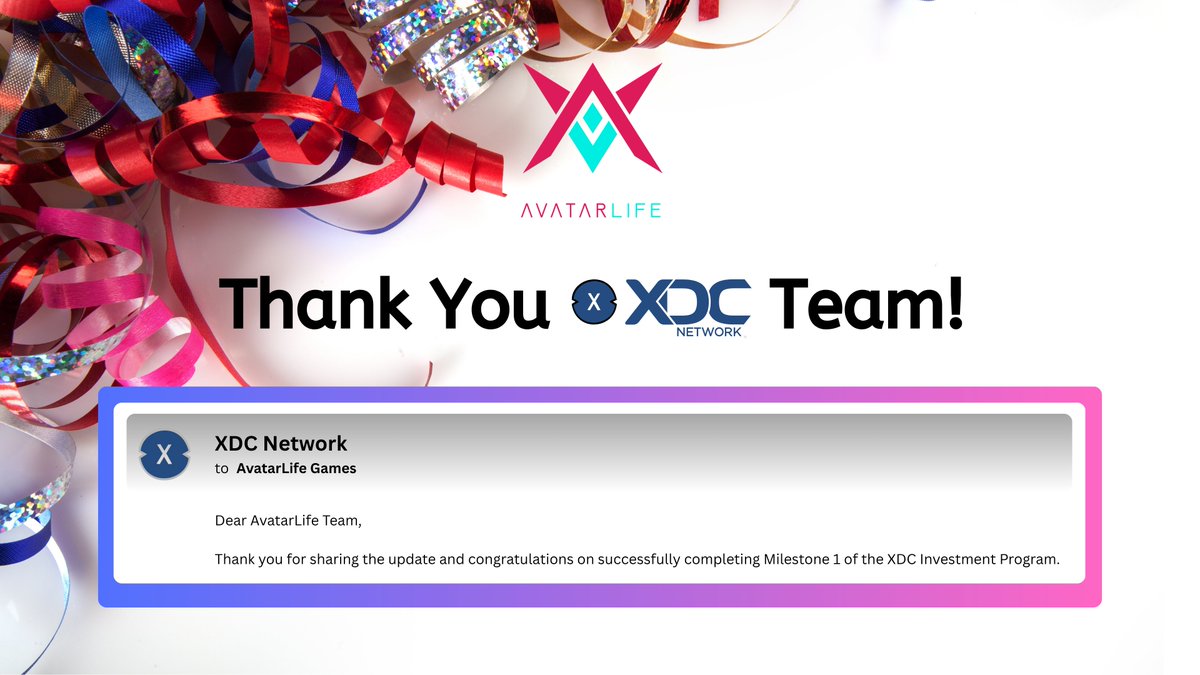 AvatarLife | We're Hiring (@avatarlifegames) on Twitter photo We extend our sincere gratitude to the <a href="/XDC_Network_/">XDC Network</a> team for their support and acknowledgment.
Successfully completing Milestone 1 of the XDC Investment Program marks a significant step forward for AvatarLife.
We look forward to continued collaboration.
#AvatarLife #XDC We extend our sincere gratitude to the <a href="/XDC_Network_/">XDC Network</a> team for their support and acknowledgment.
Successfully completing Milestone 1 of the XDC Investment Program marks a significant step forward for AvatarLife.
We look forward to continued collaboration.
#AvatarLife #XDC