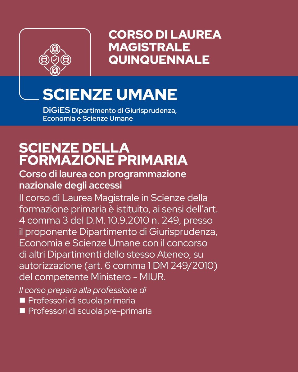 🎓 Scienze Umane – @UniMediterranea
📍 DiGiES | A.A. 2025/2026

L-19: Educazione e Formazione
🎯 Educatore per l’infanzia / socio-pedagogico

Magistrale: Progettazione Pedagogica
📌 Qualifica di pedagogista

Formazione Primaria
📚 Corso abilitante

🔗 unirc.it