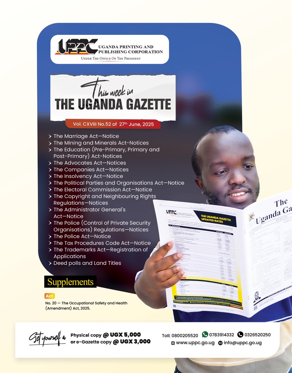 UgandaGazette's tweet image. This week’s edition of the Uganda Gazette is now available.
portal.uppc.go.ug
#UgandaGazette