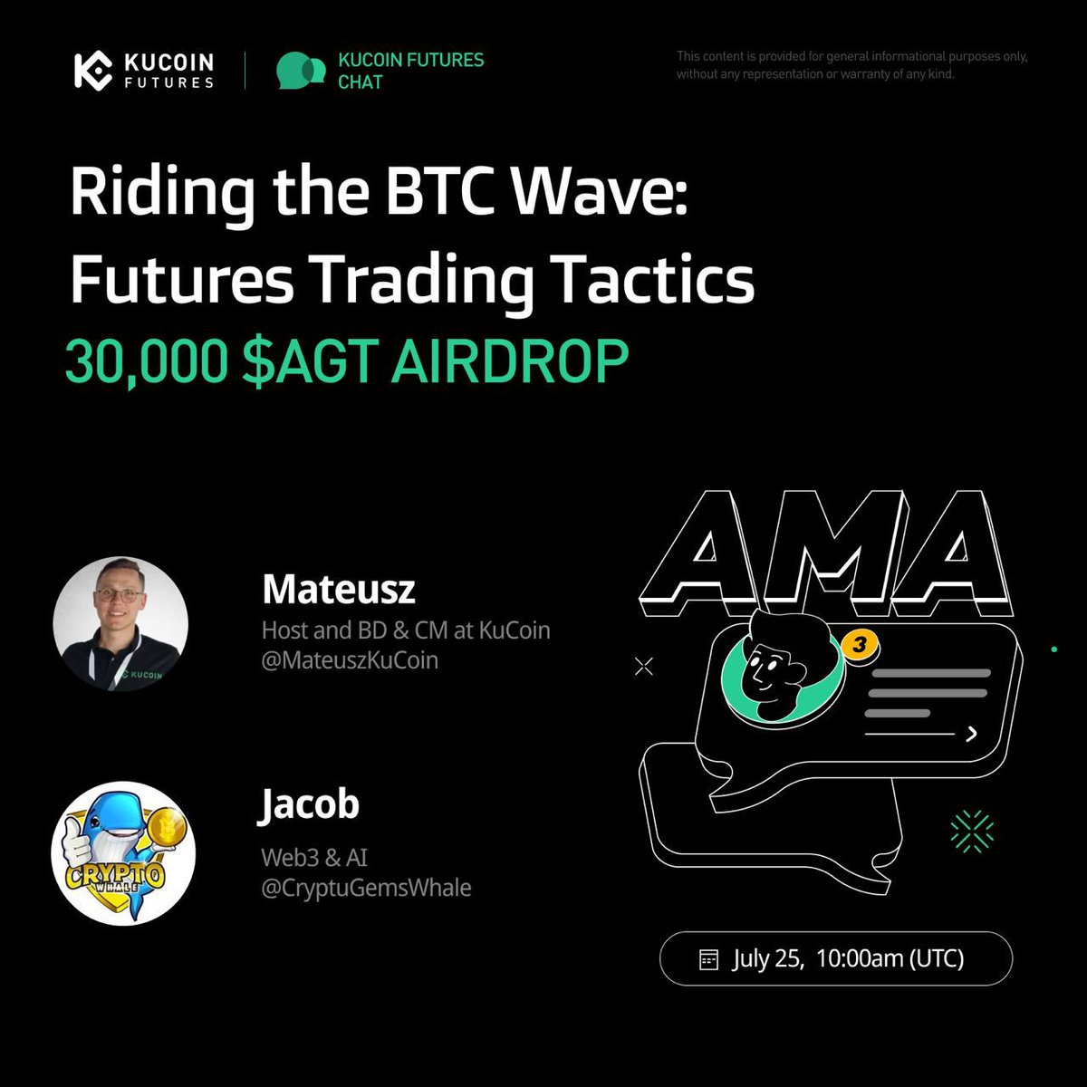 🎙️ AMA: Riding the BTC Wave - Futures Trading Tactics
🗓️ July 25 | 10:00 AM (UTC)

Join live — Talk about markets, and more.

🎁 30,000 AGT airdrop!
☑️ Follow <a href="/KuCoinFutures/">KuCoin Futures ⚡️</a> <a href="/CryptuGemsWhale/">CRYPTO GEMS WHALE 🐋</a>
☑️ Like, RT &amp; Tag 3 friends
☑️ Join Space: x.com/i/spaces/1kvJp…  
☑️ Sign up to claim