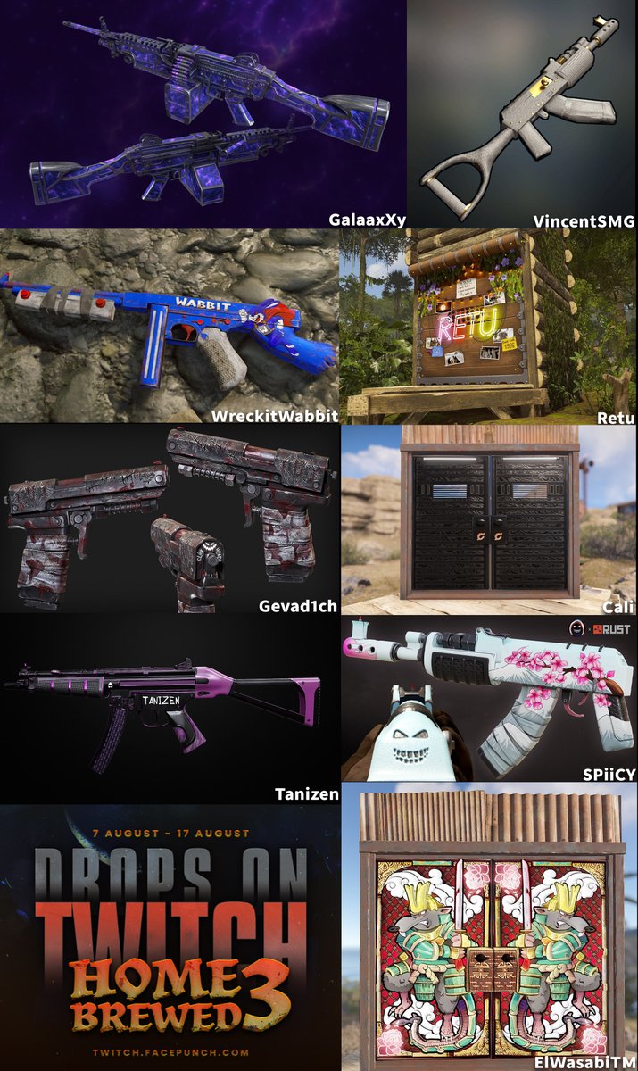 Homebrewed 3 (August 7-17th 2025) #Twitch event #Rust skins currently Known (9)
<a href="/WreckitWabbit/">WreckitWabbit</a> <a href="/GalaaxXy_/">GalaaxXy</a> <a href="/ElWasabiTM/">🍣ElWasabi™</a> <a href="/Tanizen/">Tanizen 🐉</a> <a href="/VincentSMGrust/">VincentSMGrust</a> <a href="/gevad1ch/">gevad1ch</a> <a href="/retuwastaken/">retu</a> <a href="/CaliRustt/">Cali</a> <a href="/spiicyrust/">SPiiCY</a>

Unknown (5)
<a href="/RavenZac/">Zac🇲🇦🇩🇿</a> <a href="/monsterarust/">Monstera</a> <a href="/vaybaae/">vaybae</a> <a href="/moondog_tv/">moons</a> <a href="/Gorliac1/">Gorliac</a>