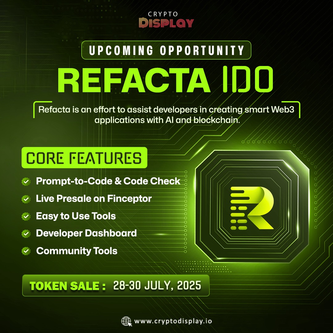 Upcoming IDO Alert🚨 @refacta ($REFACTA) is simplifying Web3 development  with AI + blockchain tools.✨ 🔗Explore the project →  https://t.co/Cp48thkRTG #CryptoDisplay #Refacta #presale #REFACTA #token  #project #ICO #web3 #blockchain #presalealert