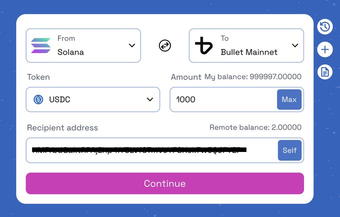 솔라나에서 Bullet 메인넷으로 1000 USDC를 이체하는 Bullet 메인넷 입금 인터페이스 스크린샷