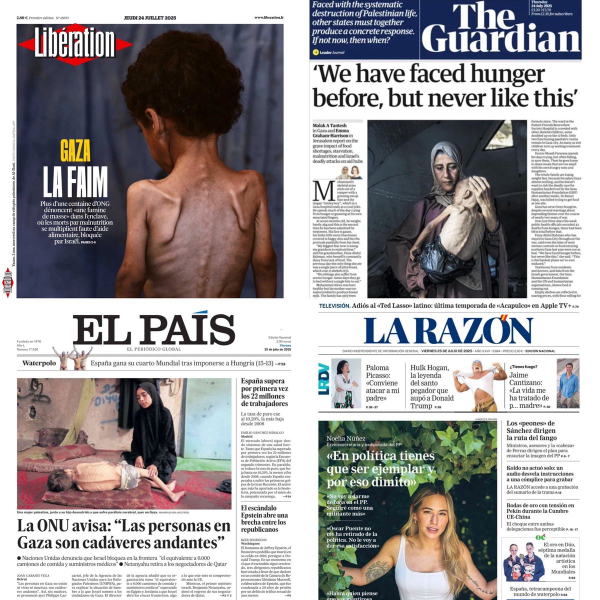 Desde ayer estas son las portadas en el mundo: Gaza se desangra de hambre.

La Razón prefiere lavar la imagen de Noelia. 

#SOSGaza