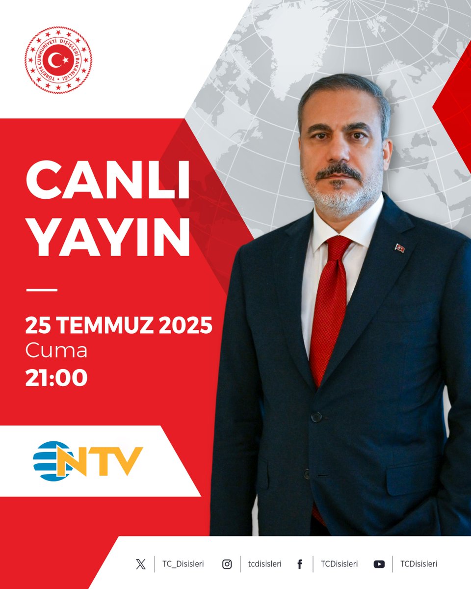 TC_Disisleri's tweet image. Bakanımız @HakanFidan, bugün saat 21:00&apos;de NTV&apos;de gündemi değerlendirecek.