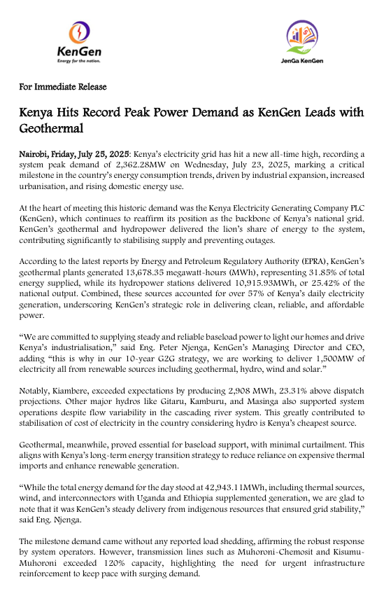 Kenya’s electricity demand hit a new record of 2,362MW on July 23, 2025, driven by industrial growth, urbanisation and rising domestic usage.

KenGen supplied over 57% of the day’s power, with geothermal generating 13,678MWh (31.9%) and hydropower 10,916MWh (25.4%).