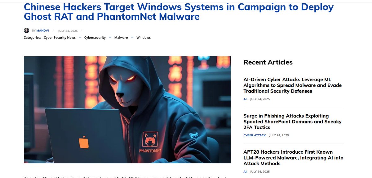 13ijoy's tweet photo. 🚨 Chinese Hackers Target Windows Systems in Campaign to Deploy Ghost RAT and PhantomNet Malware 🚨 

Read more: https://t.co/1BrjT69NpE  

 #stealthmole #Todays_INI  #TrendingNews #CYBER #news https://t.co/AymOtCU9Rp