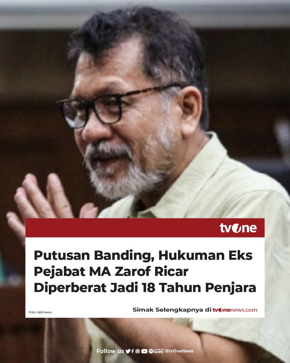 Pengadilan Tinggi DKI Jakarta memperberat hukuman mantan pejabat Mahkamah Agung, Zarof Ricar, menjadi 18 tahun penjara dalam kasus suap dan gratifikasi. Hakim Albertina Ho menilai perbuatan Zarof merusak citra hakim Indonesia, seolah mudah disuap. 

Ia juga dijatuhi denda Rp1