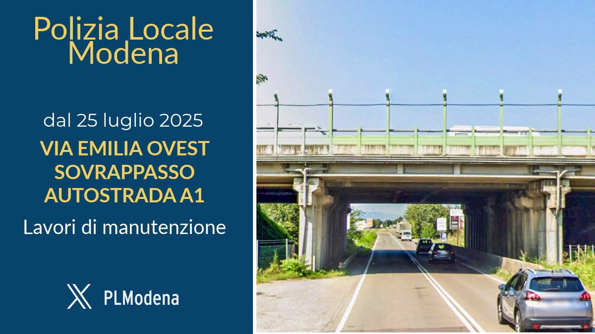 #ViabilitàMO #25luglio 
Da oggi 25 luglio viene sospesa la circolazione in via Emilia Ovest, in località Bruciata, nel tratto del sovrappasso autostradale A1 per lavori di manutenzione straordinaria, previsti per circa due settimane.
Ecco le deviazioni del traffico: 
✅ In