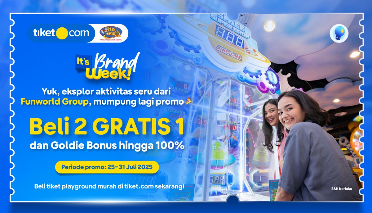 Weekday udah kerja mulu, pas weekend saatnya cari yang seru-seru 🤩

Hangout aja ke Funworld main arcade game, atau ajakin bocil ke playground! Mumpung ada promo spesial dari tiket.com,  nih!

Beli tiketnya sekarang! 👇
go.tiket.com/TiketFunworldX