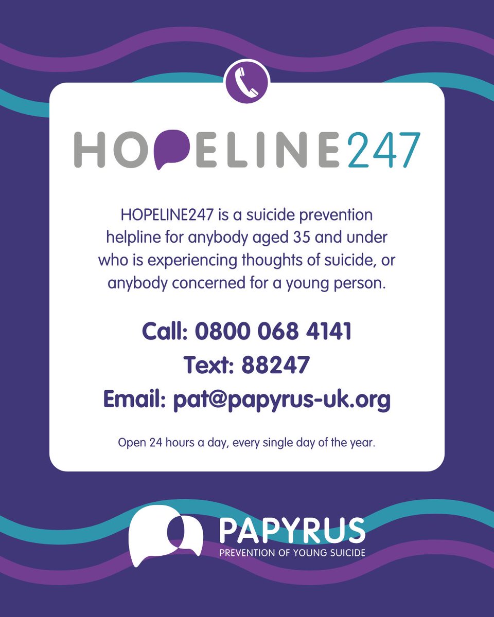 PAPYRUS_Charity's tweet image. Changes to someone's mental health, such as experiencing burnout or depression, could be an indicator that are experiencing thoughts of suicide.
➡️ If you notice this sign in yourself, or a young person, contact HOPELINE247 for free and confidential suicide prevention support.