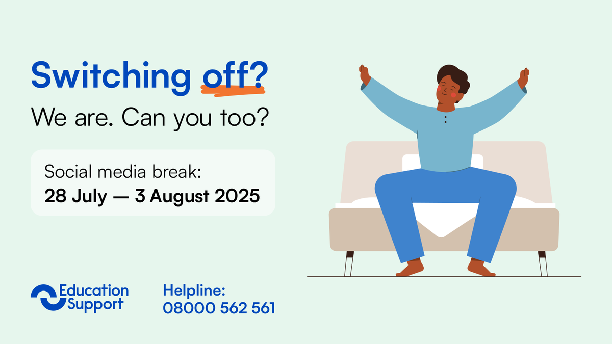 EdSupportUK's tweet image. Weβre taking a one-week break from social media starting 28 July to prioritise mental health and wellbeing π
Why not join us and take some time to switch off too?
Our free, confidential helpline stays open for all education staff:
π 08000 562 561
#MentalHealthMatters
