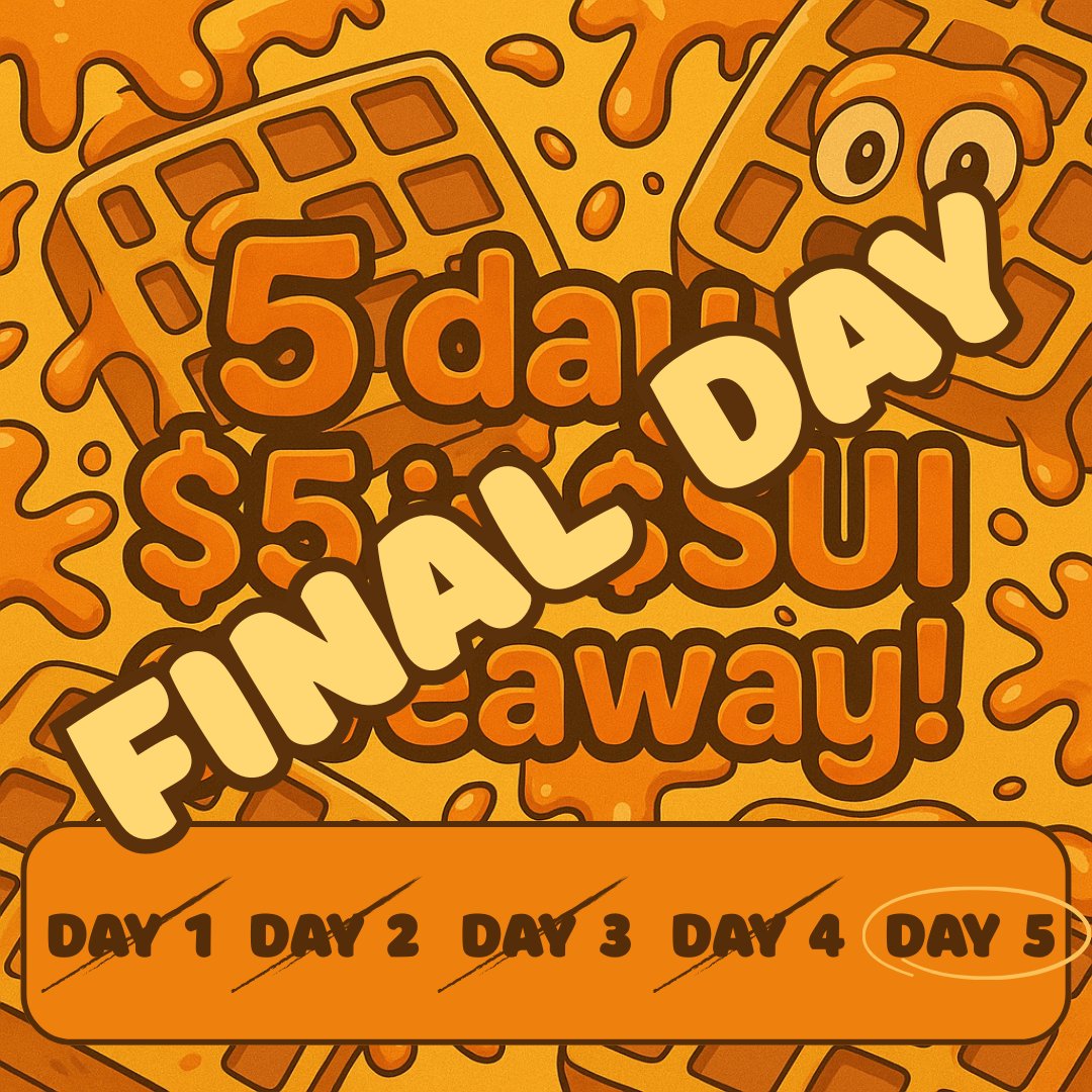 wafflehouse.sui (@wafflehousesui) on Twitter photo 🧇 FINAL DAY — Day 5 of the 5 Day $5 in $SUI Giveaway!
It’s your last shot to snag $5 in $SUI this week 🟡
Draw happens tonight at 10:00PM EDT
To enter:
1️⃣ Like this post
2️⃣ Repost
3️⃣ Follow <a href="/WafflehouseSui/">wafflehouse.sui</a>
Bonus: Drop your $SUI wallet in the comments to get on the Whitelist 🧇 FINAL DAY — Day 5 of the 5 Day $5 in $SUI Giveaway!
It’s your last shot to snag $5 in $SUI this week 🟡
Draw happens tonight at 10:00PM EDT
To enter:
1️⃣ Like this post
2️⃣ Repost
3️⃣ Follow <a href="/WafflehouseSui/">wafflehouse.sui</a>
Bonus: Drop your $SUI wallet in the comments to get on the Whitelist