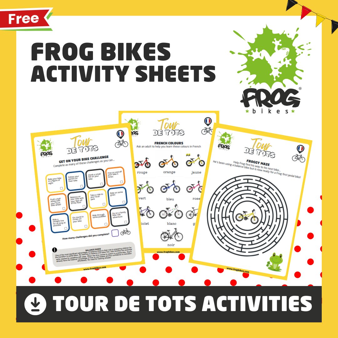 frogbikes's tweet image. Tour de Tots activity pack💛
Get the kids involved in the cycling event of the year with this free downloadable Tour de Tots activity pack, featuring bike challenges, games & activities.
🔗ow.ly/lkVv50WsrhA
#FrogBikes #ToddlerActivity #LeTour #TourDeFrance #KidsActivity