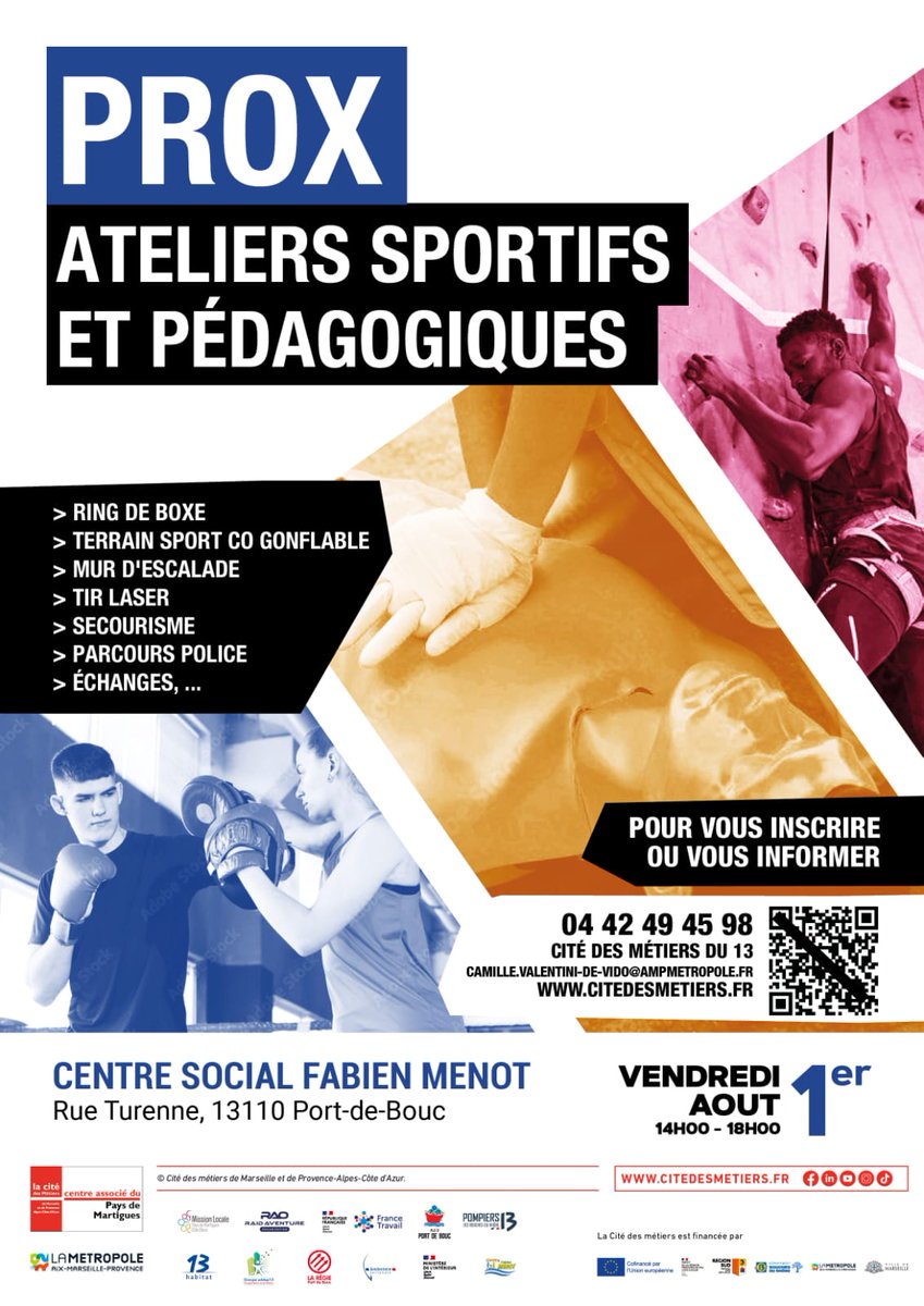 [#SaveTheDate] Rendez-vous le vendredi 1er août, de 14h à 18h, au centre social Fabien Menot, Rue de Turenne à #PortDeBouc (13) pour une journée de rapprochement #PolicePopulation #Prox

Avec le soutien de <a href="/AMPMetropole/">Métropole Aix-Marseille-Provence</a> <a href="/Prefet13/">Préfet de la région Provence-Alpes-Côte d'Azur</a> <a href="/SG_CIPDR/">SG-CIPDR</a> <a href="/ANCTerritoires/">Agence nationale de la cohésion des territoires</a> <a href="/ANCVacances/">ANCV</a>