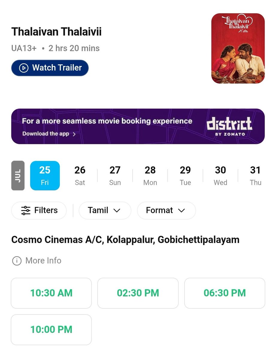 Cosmo Cinemas Kolappalur (@kolappalurcosmo) on Twitter photo #ThalaivanThalaivii ❤️🔥
BOOKINGS OPEN NOW‼️💥
<a href="/KolappalurCosmo/">Cosmo Cinemas Kolappalur</a> A/C | 2K DOLBY 7.1
Show begins @ 10:30 AM | 02:30 PM | 06:30 PM | 10:00 PM
TICKET PRICE FLAT Rs.100/-
Online <a href="/TicketNew/">TicketNew</a> <a href="/district_india/">District</a>🎟️
<a href="/Haricosmo/">HARI</a>
<a href="/VijaySethuOffl/">VijaySethupathi</a> <a href="/MenenNithya/">Nithya Menen</a>
#ThalaivanThalaivi <a href="/KanthaswamyC/">Kanthaswamy Arts Centre</a> #ThalaivanThalaivii ❤️🔥
BOOKINGS OPEN NOW‼️💥
<a href="/KolappalurCosmo/">Cosmo Cinemas Kolappalur</a> A/C | 2K DOLBY 7.1
Show begins @ 10:30 AM | 02:30 PM | 06:30 PM | 10:00 PM
TICKET PRICE FLAT Rs.100/-
Online <a href="/TicketNew/">TicketNew</a> <a href="/district_india/">District</a>🎟️
<a href="/Haricosmo/">HARI</a>
<a href="/VijaySethuOffl/">VijaySethupathi</a> <a href="/MenenNithya/">Nithya Menen</a>
#ThalaivanThalaivi <a href="/KanthaswamyC/">Kanthaswamy Arts Centre</a>