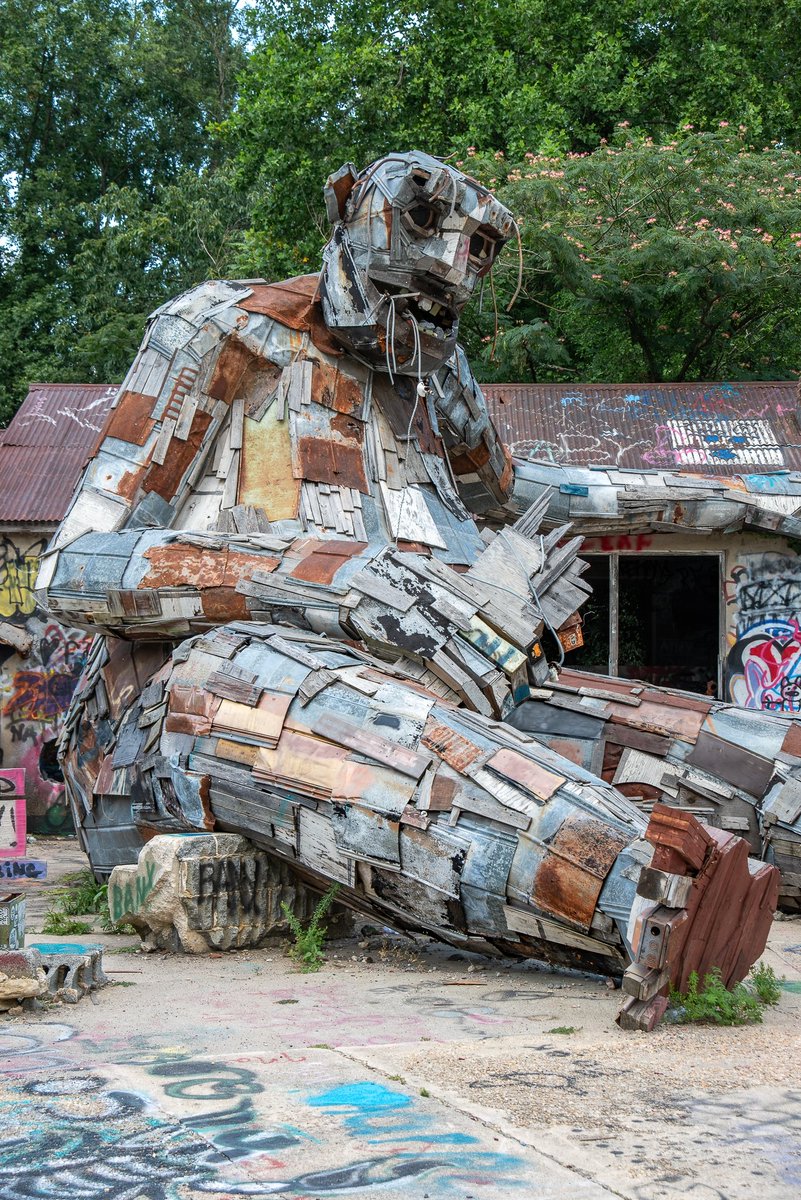 ExploresMr's tweet image. The looming presence of Big Rusty, a troll that guards an abandoned factory structure in the woods of suburban New Jersey. He was created by Danish artist Thomas Dambo.