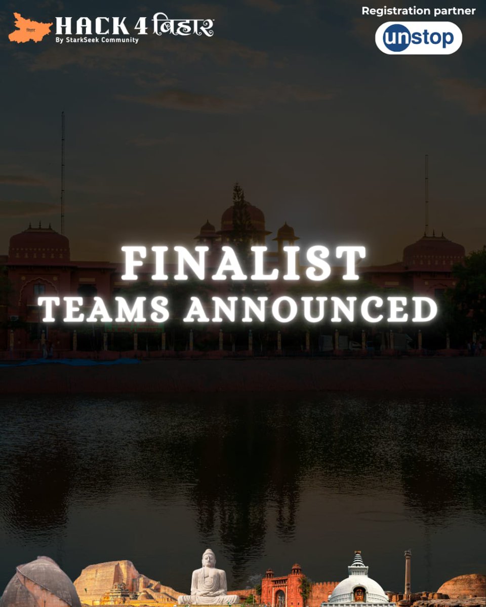 We're thrilled to announce that the final teams for Hack4Bihar have been officially shortlisted!
Check the full list on our official website
> hack4bihar.live
All guidelines along with final date &amp; venue will be announced shortly.
All the best, changemakers!
#Hack4Bihar