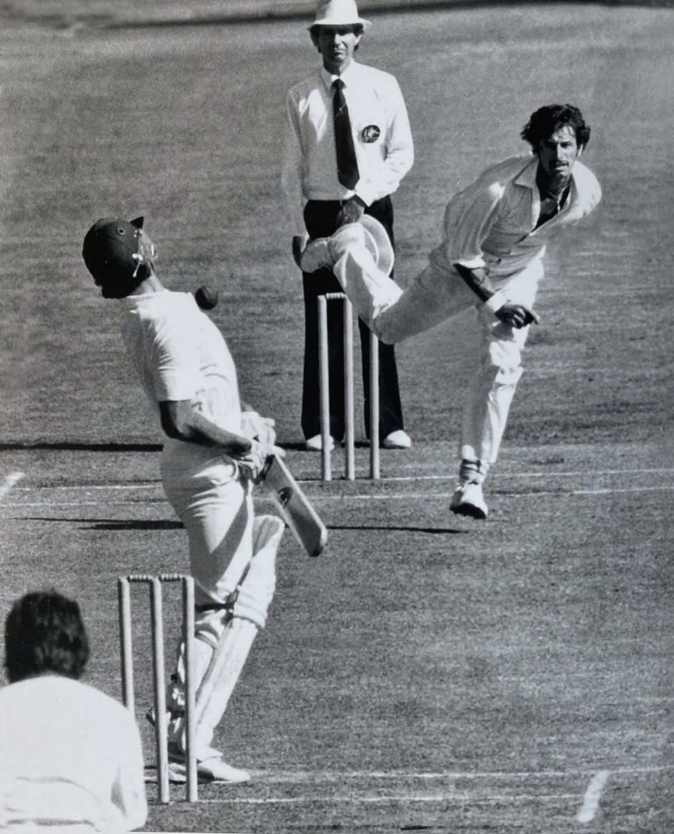 Sir Paddles demonstrates the art of bowling a bouncer to fellow legend Dennis Lillee, who in turn shows him how the delivery should be played - I dare say roles would have been reversed later