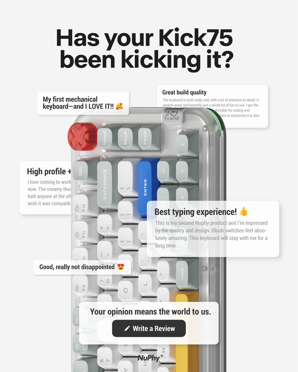nuphystudio's tweet image. 🗣️ Kick75 users, we’ve got something special for you! Love your Kick75? Share your thoughts and get rewarded! 🎁
🗓️ Event: July 25 – August 8
Leave a review on the Kick75 product page and get a $10 coupon — simple as that!
🔗 Leave your review here:nuphy.com/products/nuphy……