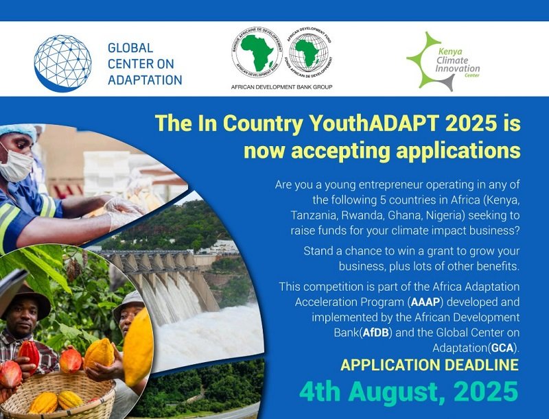 In-country YouthADAPT Challenge 2025 (up to $30,000 in funding)

The In-country YouthADAPT Challenge is calling on youth-led MSMEs and innovators to drive climate adaptation and resilience across Africa.

Details: opd.to/4lNV0MJ | Deadline: Aug 4