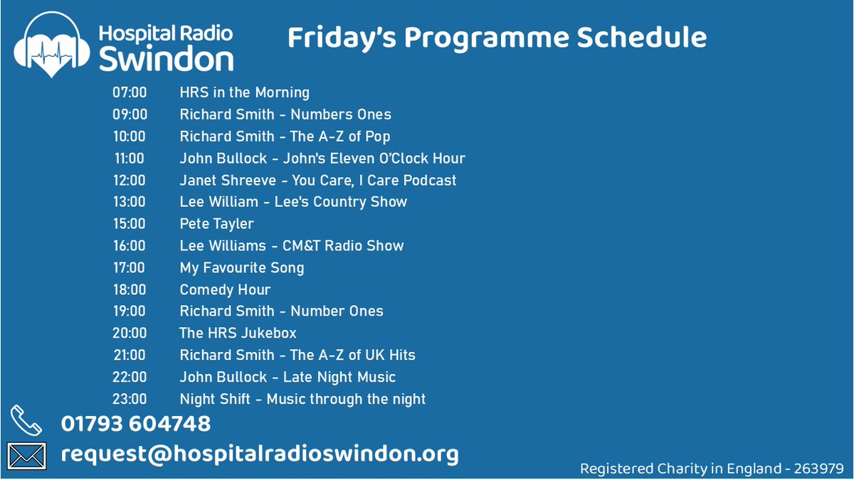 HRSwindon's tweet image. Today's schedule looks like this
Listen here - carina.streamerr.co/public/swindon…
@GWH_NHS
#attheheartofthehospital
#radioforthegwh