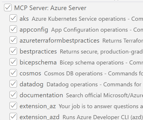 jongallant's tweet image. 🚀Azure MCP Server just got a HUGE update 🚀
☁️☁️☁️☁️☁️
With v0.5.0 - We now collapse all MCP tools at the namespace level - bringing us down from 97 to 28 tools. Try it out and let us know what you think.
aka.ms/azmcp
#ai #aidev #mcp #vscode #github #azure