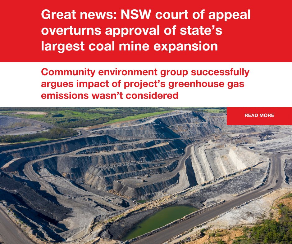 Incredible news: Approval for the largest #CoalMine expansion in NSW has been overturned, after a community environment group successfully argued the impact of the project's greenhouse gas emissions was not considered by the planning commission!