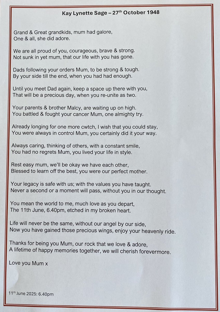 Happy 55th heavenly wedding anniversary to Mum, &amp; to Dad today. 
Sending love above ❤️
6 weeks of heartache,  thankfully outweighed by my happy memories to cherish forever x
Writing my poem &amp; reading it at Mums funeral was so hard but such a privilege:
My Beautiful Mum x 💔👇