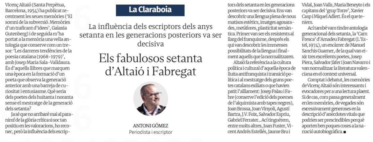 Antoni Gómez (@antonigmez) on Twitter photo El poeta, assagista i agitador cultural Vicenç Altaió ha publicat en <a href="/G_Gutenberg/">Galaxia Gutenberg</a> les seues memòries. Són el reflex d'una època ben interessant on es va configurar una generació d'escriptors, polítics i homes i dones amb moltes ganes d'aportar modernitat a la cultura catalana. El poeta, assagista i agitador cultural Vicenç Altaió ha publicat en <a href="/G_Gutenberg/">Galaxia Gutenberg</a> les seues memòries. Són el reflex d'una època ben interessant on es va configurar una generació d'escriptors, polítics i homes i dones amb moltes ganes d'aportar modernitat a la cultura catalana.