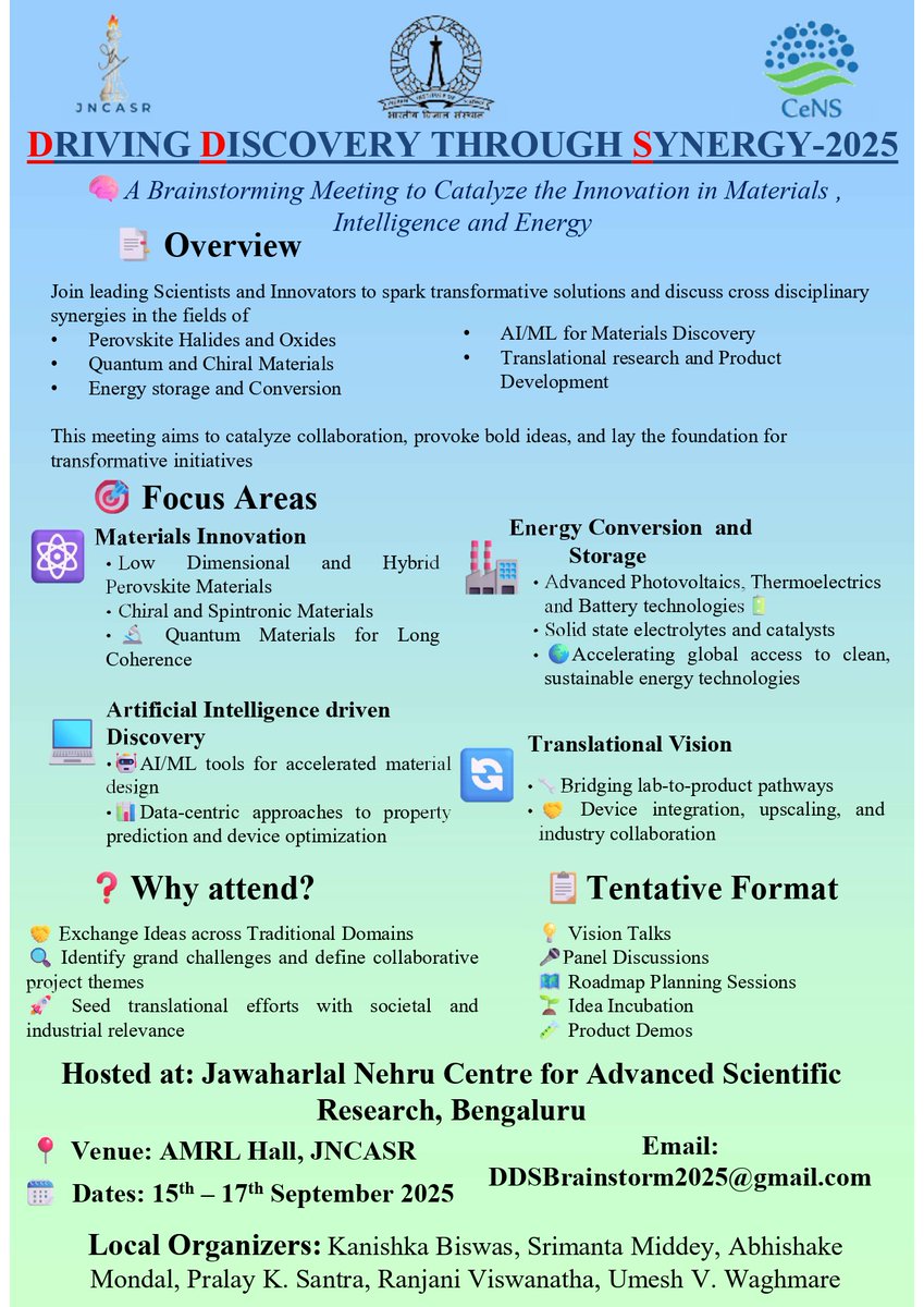 📢Driving Discovery through Synergy (DDS 2025) (Sept 15–17 @JNCASR) will bring experts together in perovskites, quantum materials, energy, AI/ML in materials &amp; translational research
🔗 Register by July 31: shorturl.at/Ow4kR
💫Early-career researchers encouraged