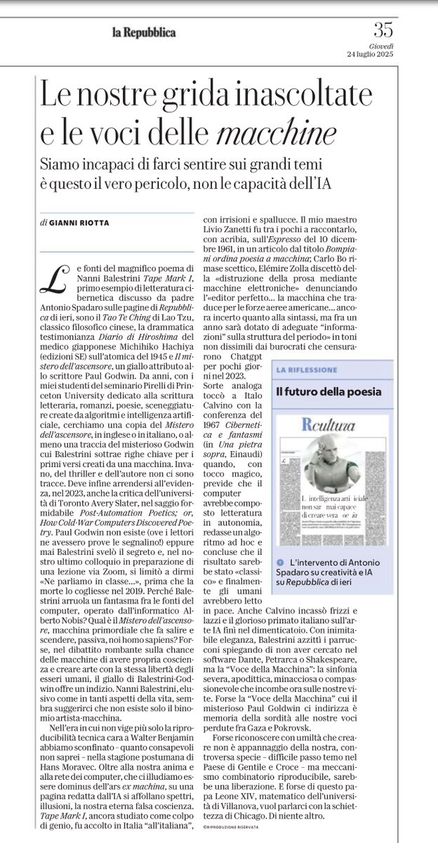 antoniospadaro's tweet image. Ieri su Repubblica Gianni Riotta ha ripreso la mia riflessione su Arte e Intelligenza Artificiale (apparsa il giorno precedente) e ha pubblicato una sua replica nella quale sostiene invece che forse dobbiamo “riconoscere con umiltà che creare non è appannaggio della nostra,…