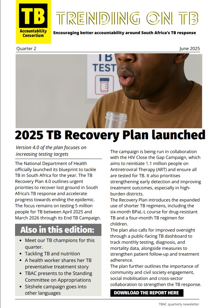 TBAC_sa's tweet image. ICYMI👏 The third edition of our quarterly newsletter is out! Catch up on the latest TB updates, from @HealthZA 's 2025 TB Recovery Plan 4.0 to TB ambassadors highlights and major stories from the last quarter. All here 👉 bit.ly/3TfYf2T
