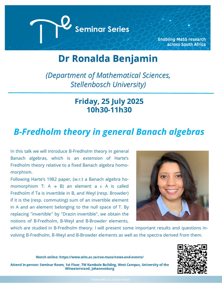 CoE-MaSS (@coemass) on Twitter photo Don't miss out! This morning we're hosting Dr Ronalda Benjamin of <a href="/StellenboschUni/">Stellenbosch University</a>, who will be presenting on B-Fredholm theory in general Banach algebras.
Join and find more info via our website ➡️ bit.ly/2IKAq2b
#mathematics #statistics #research #SouthAfrica Don't miss out! This morning we're hosting Dr Ronalda Benjamin of <a href="/StellenboschUni/">Stellenbosch University</a>, who will be presenting on B-Fredholm theory in general Banach algebras.
Join and find more info via our website ➡️ bit.ly/2IKAq2b
#mathematics #statistics #research #SouthAfrica