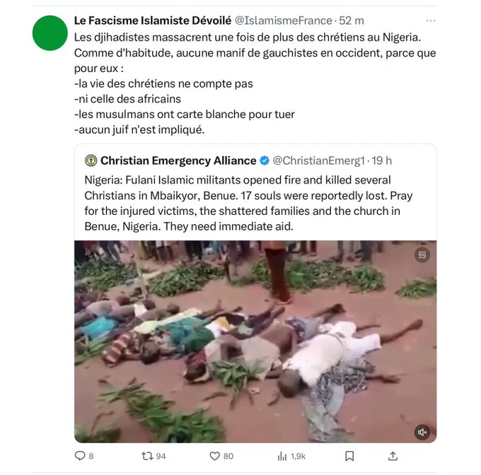 perezer62368538's tweet image. vous les guerriers Africains !!
les Islamistes vous égorges et vont pas tarder a vous remettre en esclavages .
mais j'entend ou je vois jamais de manifestations ou des black ce pleindre de ce qu'ont leurs fais subir .
sans doute que la peur vous paralyse