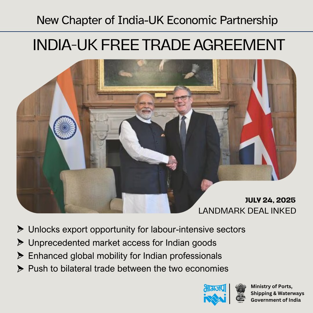 IWAI_ShipMin's tweet image. #IndiaUKFTA: A New Era of Economic Cooperation
➡️Easier trade of goods & services
➡️Duty-free access for nearly 99% of India's exports
➡️New avenues of growth, skill development, employment opportunities across multiple sectors
➡️Big manufacturing push; Start-ups & MSMEs to gain