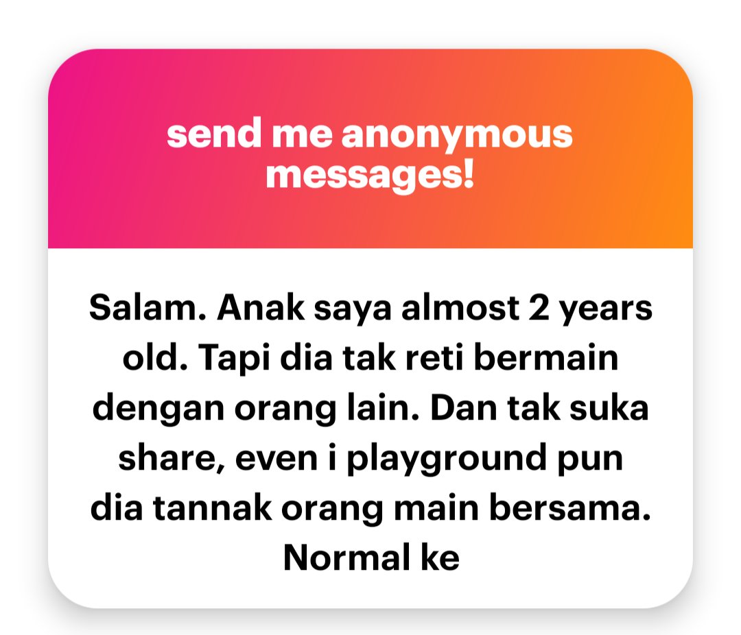 n_azzurajafri's tweet image. Normal. Bermain pun ada fasanya.
Secara purata, usia 3-4 tahun baru anak mula reti bermain sama-sama dengan kawan. Itupun minimal cooperation. 4 tahun ke atas baru pandai nak kongsi, actively involved dengan kawan-2 sekitar
Usia 4 tahun baru theory of mind (kebolehan melihat…