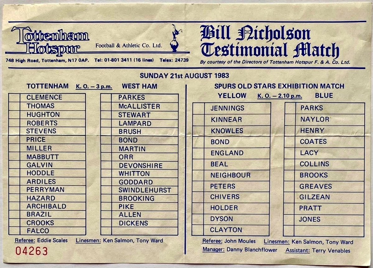 dougbagleyfdl's tweet image. 'Sir' Bill Nicholson Testimonial Tickets from 2001 Spurs 3 Fiorentina 0. Attendance 35,877 and 1983 Spurs 1 West Ham 1. Attendance 20,101. The great man fully deserved 2 Testimonials.