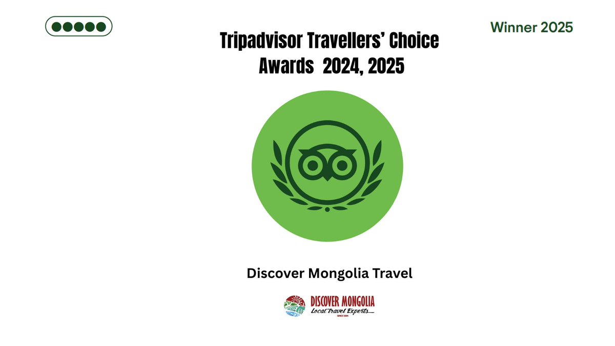 We’re proud to announce that Discover Mongolia has been awarded the TripAdvisor Travelers’ Choice Award for the second year in a row! 🏆 Thank you to our amazing guests, partners, and dedicated team for making this possible.  

#TravelersChoice #DiscoverMongolia #ThankYou