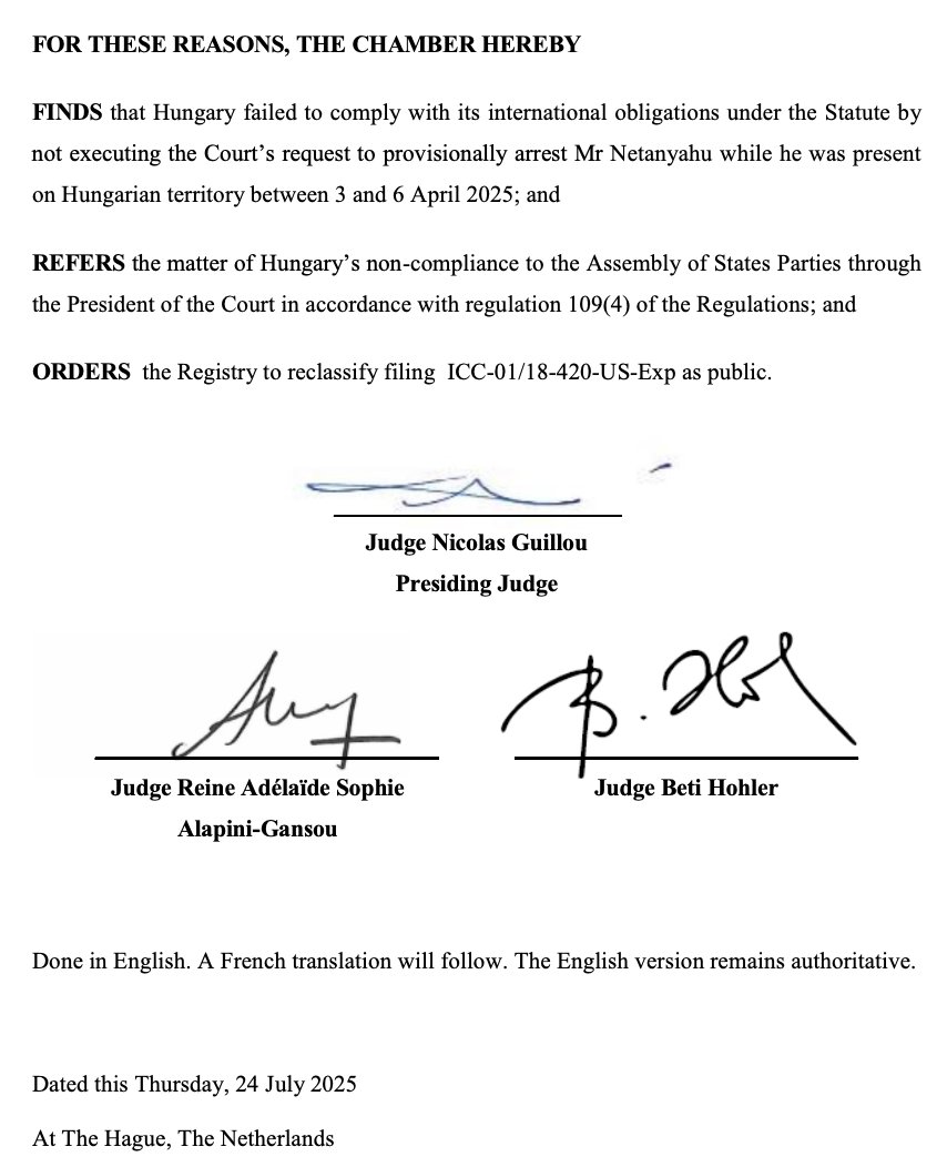 BREAKING On Netanyahu arrests warrant's : On 24 July 2025, the ICC’s Pre‑Trial Chamber I found that Hungary violated its obligations under the Rome Statute by failing to execute the Court’s request to provisionally arrest Benjamin Netanyahu, who visited Hungary from 3–6 April